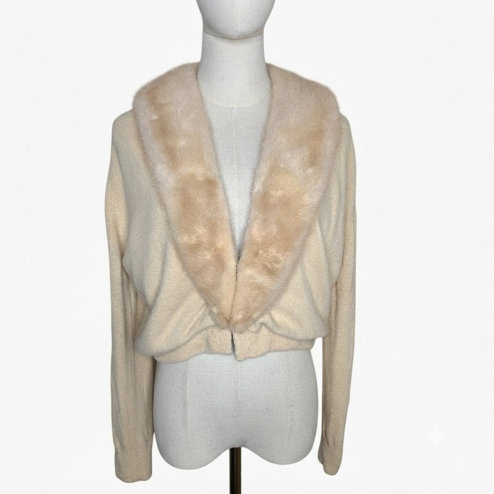Vtg Regalia Cashmere Cardigan Sweater Fur Collar Cream S Retro Glam Mob Wife